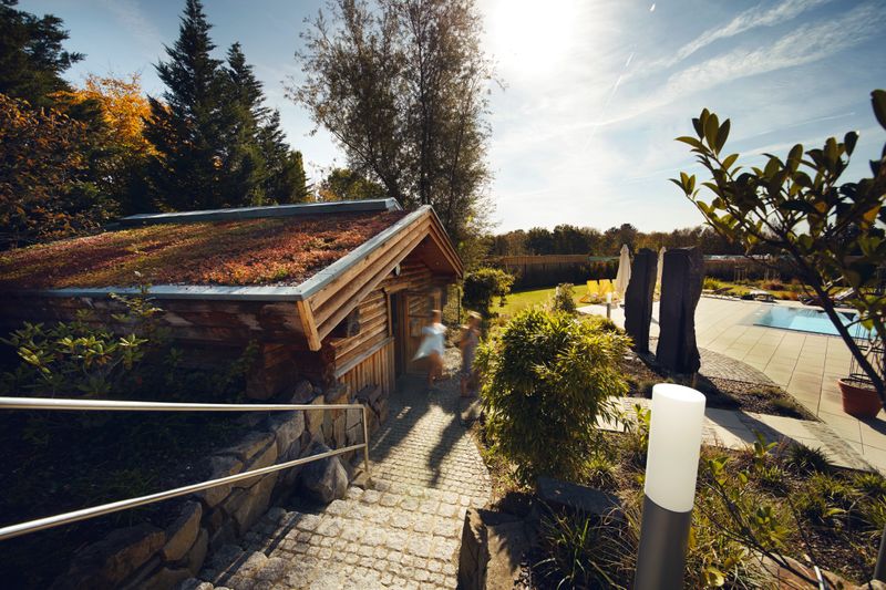 Blick auf eine Holzblockhütte 