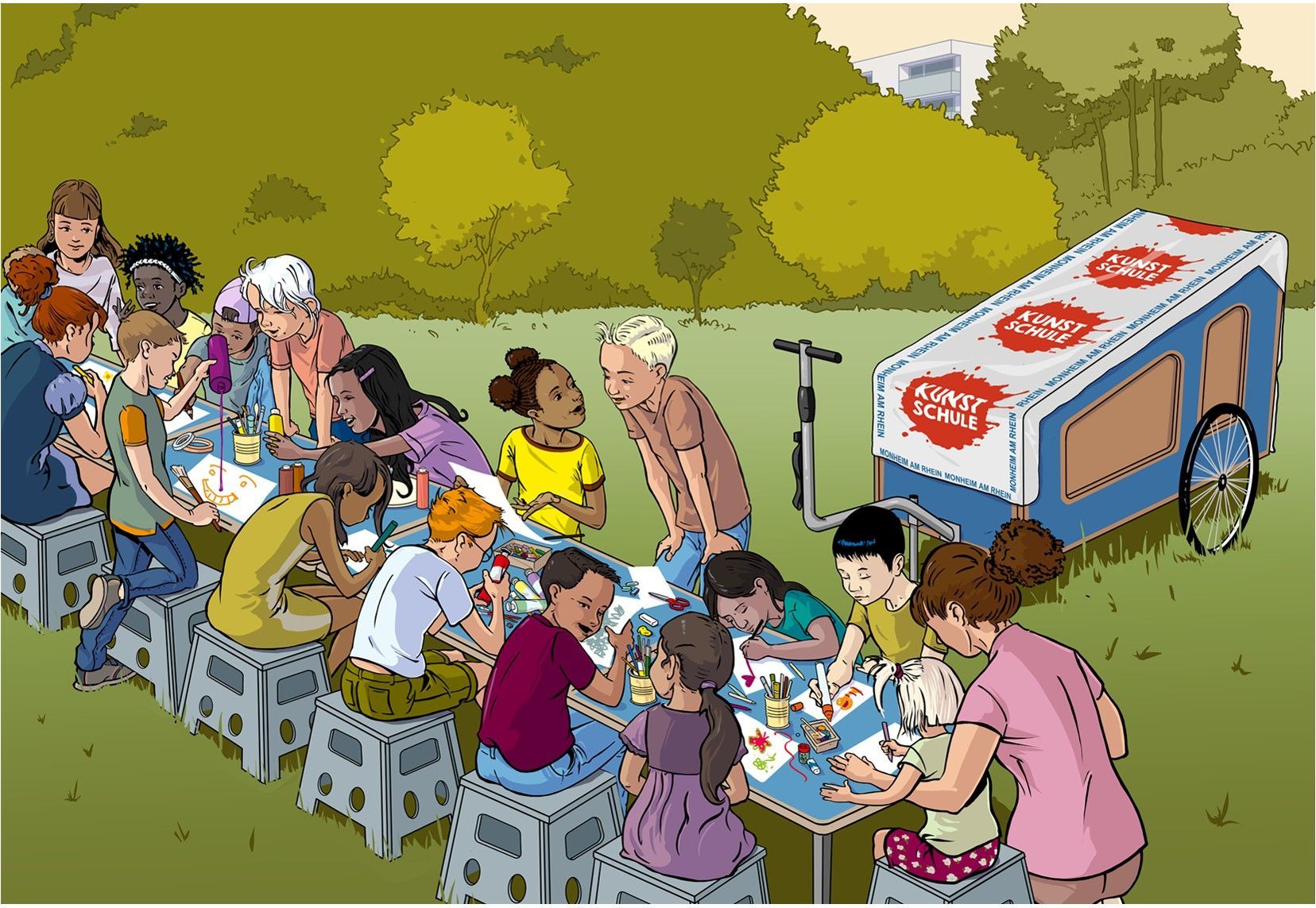 Illustration von mehreren Menschen an einem Tisch. Alle sind künstlerisch aktiv, malen, zeichnen. Im Hintergrund steht das Kunstschulmobil.