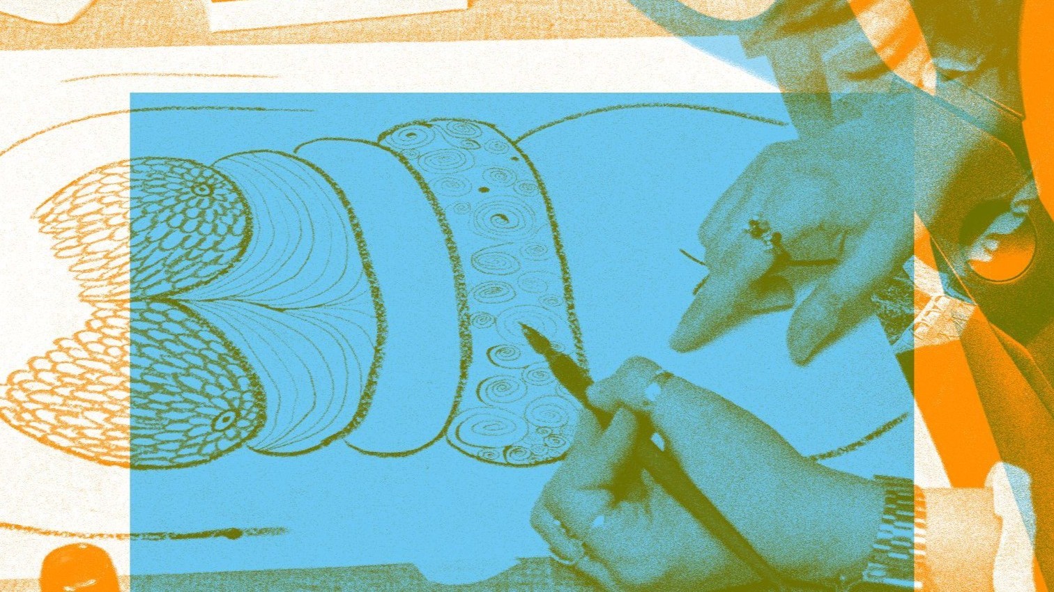 Eine Grafik in orange, blau und weiß, die zwei Hänge zeigt, die einen weiblichen Körper zeichnen.