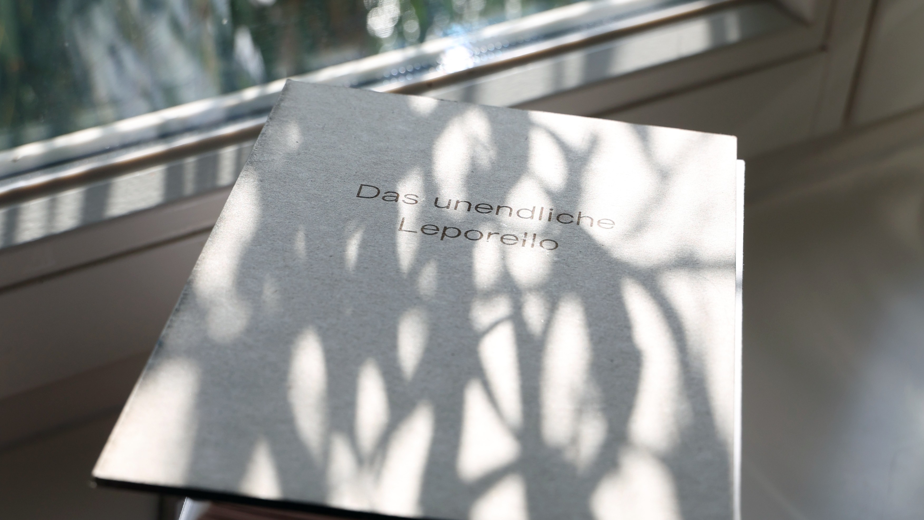 Mehrere Leporelli auf einem Stapel auf einer Fensterbank, es fällt Schatten von Bäumen auf das Buchcover. Auf dem Cover steht 